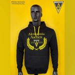 Mannequin wearing a black Alemannia Aachen hoodie with yellow logo and crest on a bright yellow background, front view.