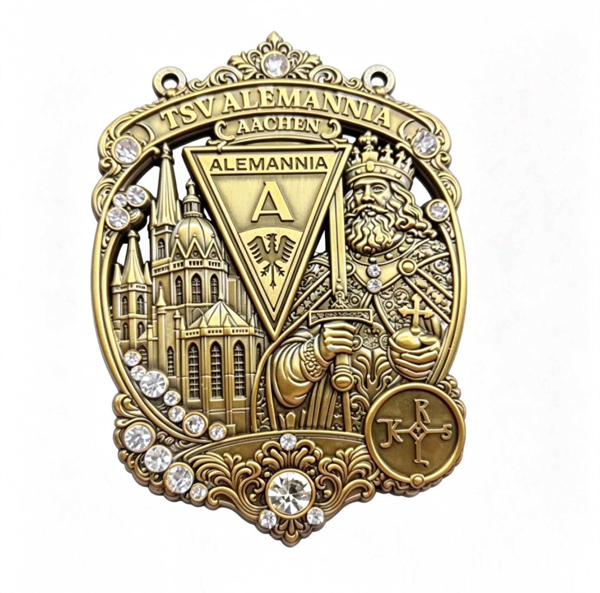 2AEF46280 - Alemannia Shop Gold ornate crest with the words 'TSV ALEMANNIA AACHEN' above a shield, surrounded by jewels and architectural motifs.
