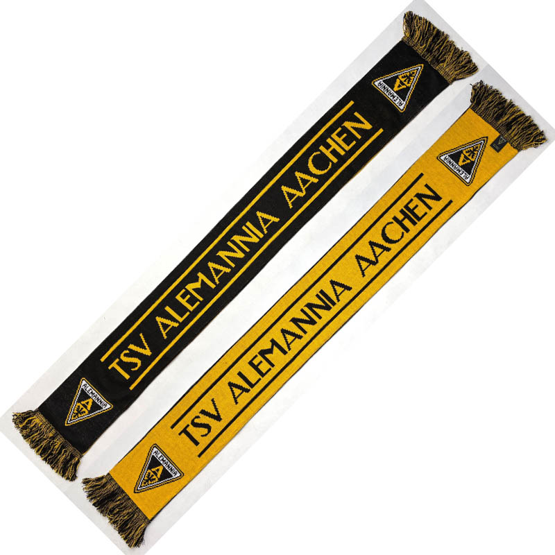 Two Alemannia Aachen football scarves in black and yellow with fringed ends and club crests, laid diagonally.