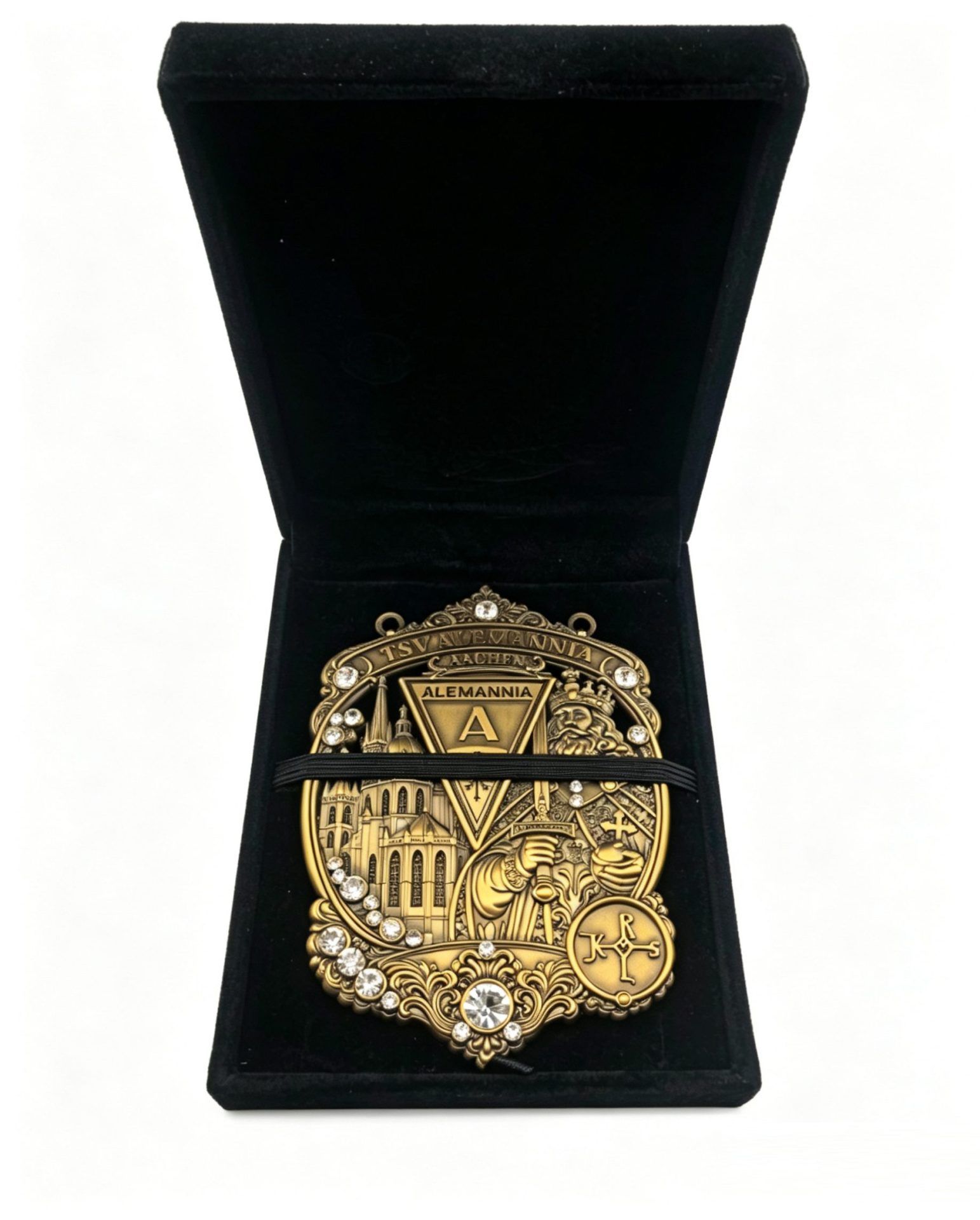 E3263908 - Alemannia Shop Gold ornate badge in a black velvet presentation box, featuring jewels and an emblem with 'Alemannia' and architectural imagery.