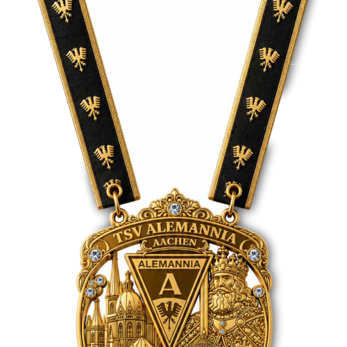Gold medal with black ribbon featuring gold eagles; reads TSV Alemannia Aachen with a crowned figure and ornate cityscape motif (club trophy medallion).