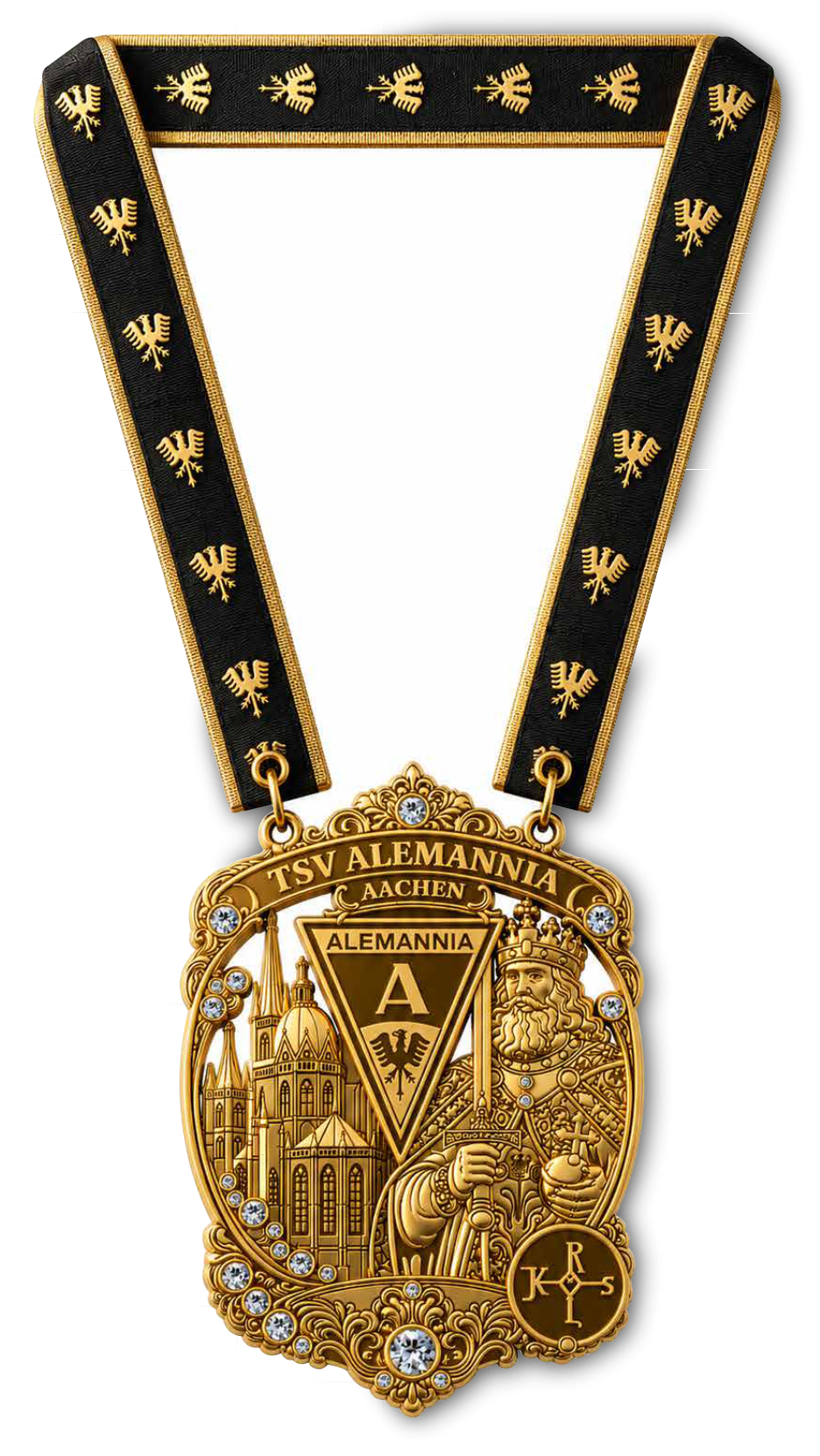 Gold medal with black ribbon featuring gold eagles; reads TSV Alemannia Aachen with a crowned figure and ornate cityscape motif (club trophy medallion).