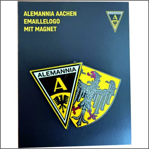 Dark poster displaying Alemannia Aachen enamel logo magnets; two overlapping shield patches (A emblem and yellow eagle) on a blue background with yellow text in German at top.
