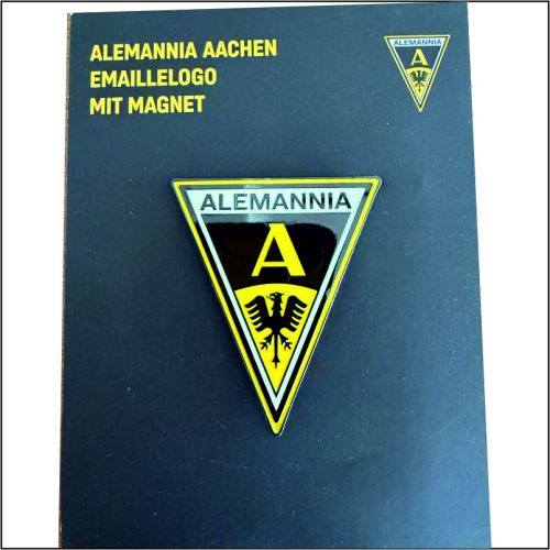 Alemannia Aachen enamel badge with magnet, triangular shield design on a dark surface