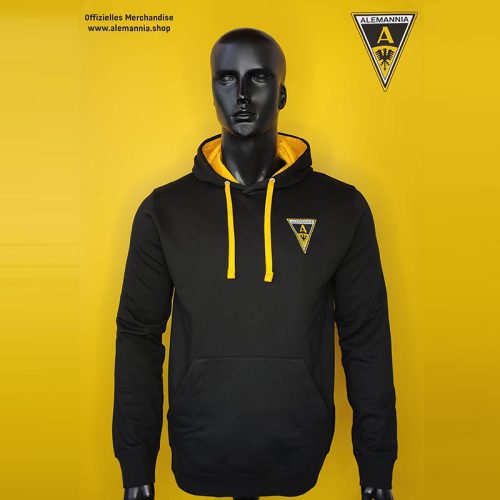 Black hoodie with yellow interior lining and drawstrings displayed on a bright yellow backdrop, featuring the Alemannia crest on the chest.