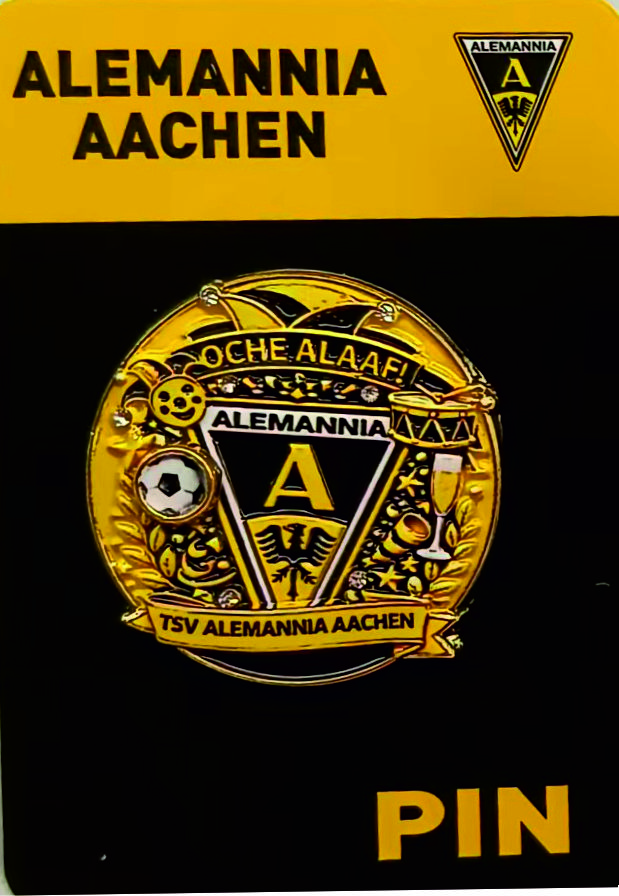 Gold Alemannia Aachen enamel pin badge featuring the crest with A and banners on a black background.
