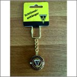 Gold-toned keychain featuring the Alemannia Aachen crest, a circular medallion on a short chain, with yellow packaging reading 'Schlüsselanhänger'
