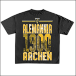 Black T-shirt with bold yellow and white graphic reading ALEMANIA 1000 AACHEN and a crest at the top.
