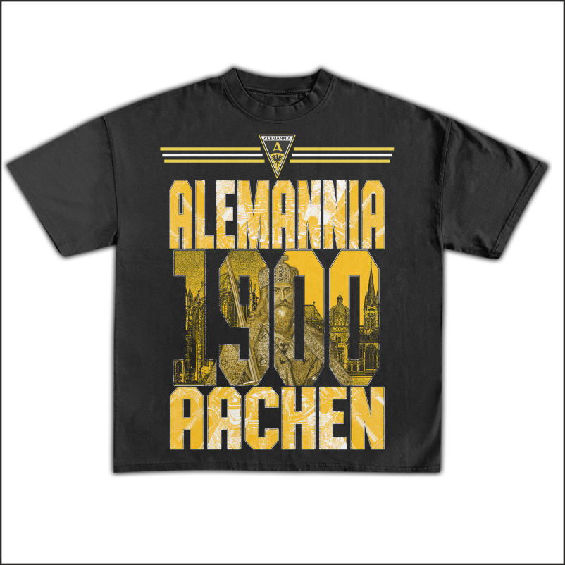 Black T-shirt with bold yellow and white graphic reading ALEMANIA 1000 AACHEN and a crest at the top.
