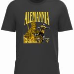 T-shirt graphic featuring the word 'Alemannia' in yellow, a soccer player kicking a ball, and 'Aachen' with a crest, all in yellow-on-black design.