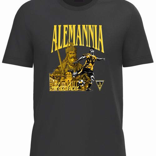 T-shirt graphic featuring the word 'Alemannia' in yellow, a soccer player kicking a ball, and 'Aachen' with a crest, all in yellow-on-black design.