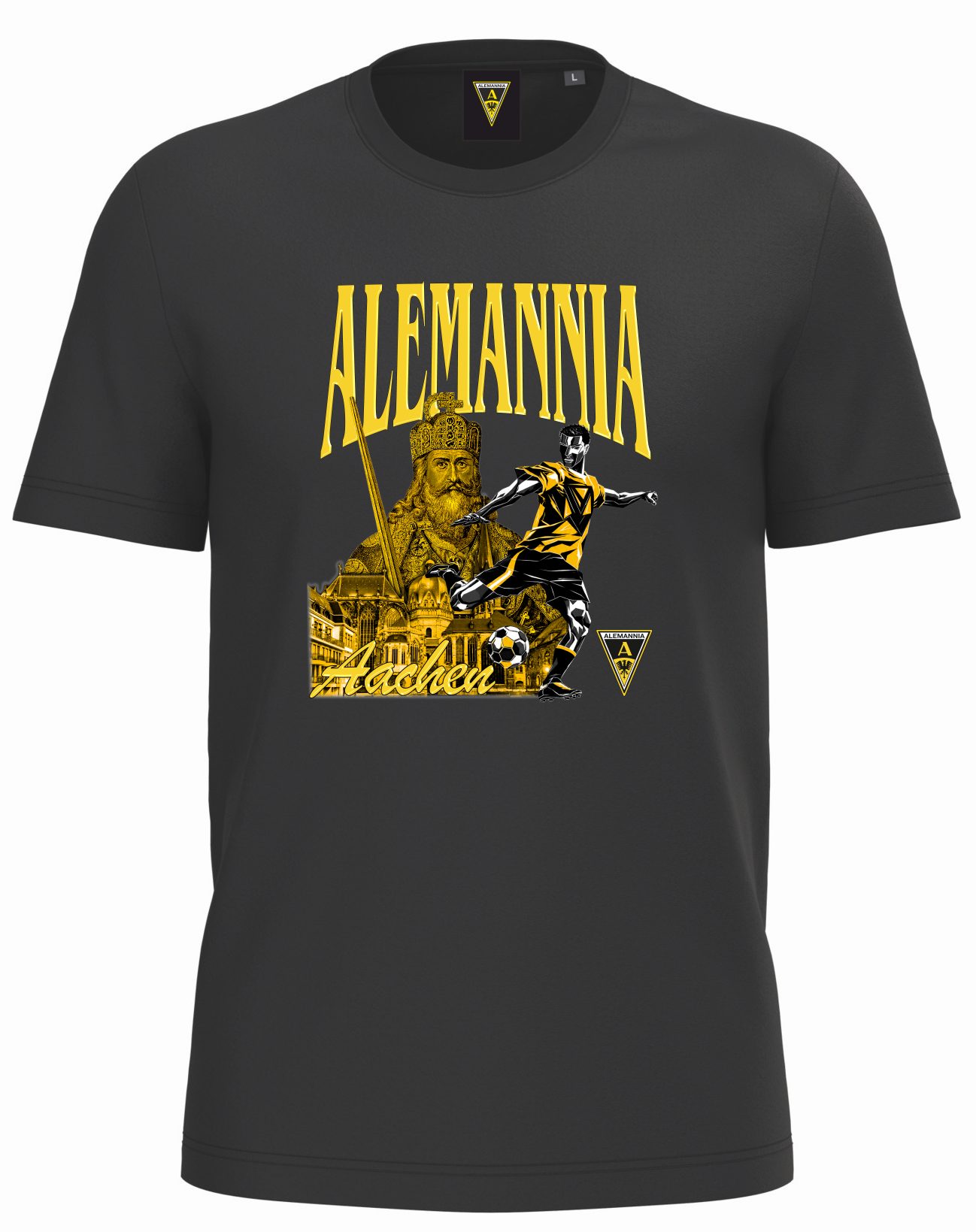 T-shirt graphic featuring the word 'Alemannia' in yellow, a soccer player kicking a ball, and 'Aachen' with a crest, all in yellow-on-black design.