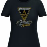 Black t‑shirt with a sparkling rhinestone emblem: a triangular crest reading 'Alemannia' with 'Aachen' in cursive.