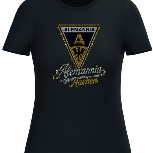 Black t‑shirt with a sparkling rhinestone emblem: a triangular crest reading 'Alemannia' with 'Aachen' in cursive.