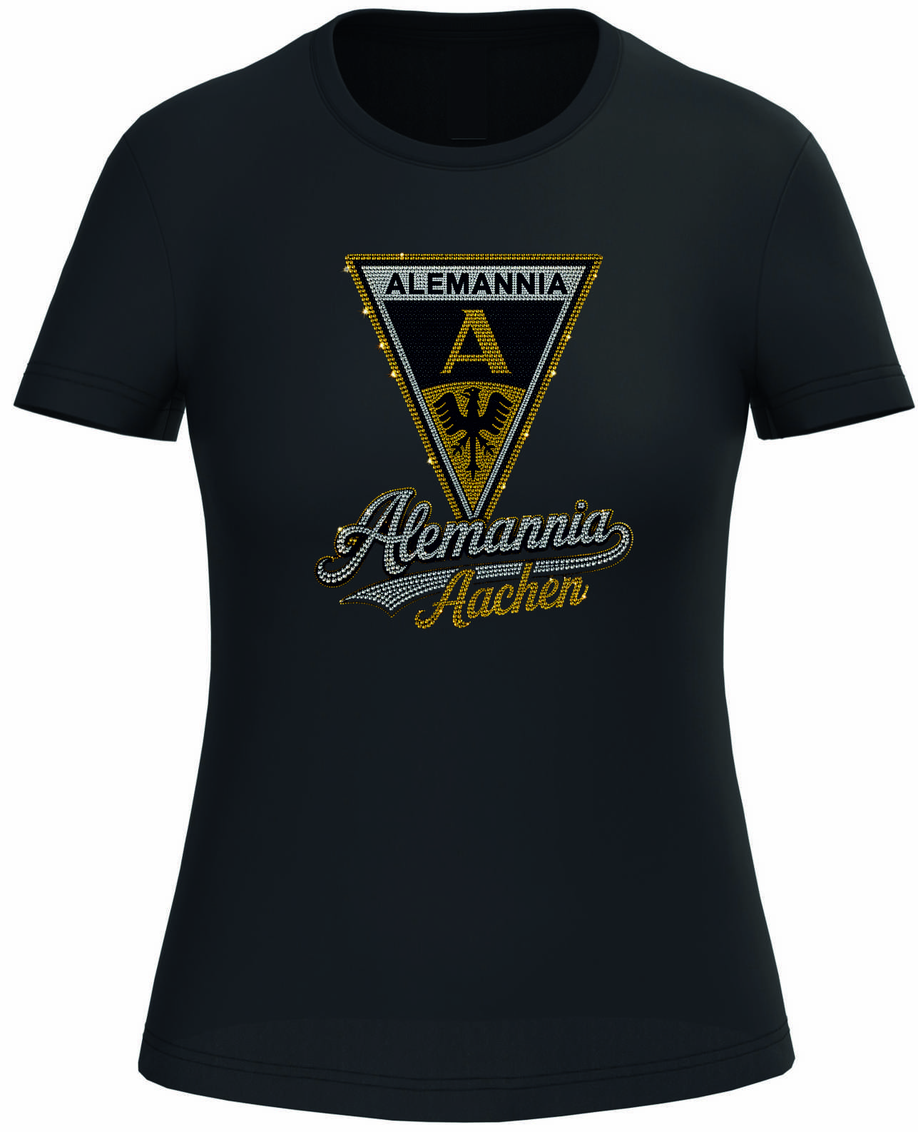 Black t‑shirt with a sparkling rhinestone emblem: a triangular crest reading 'Alemannia' with 'Aachen' in cursive.