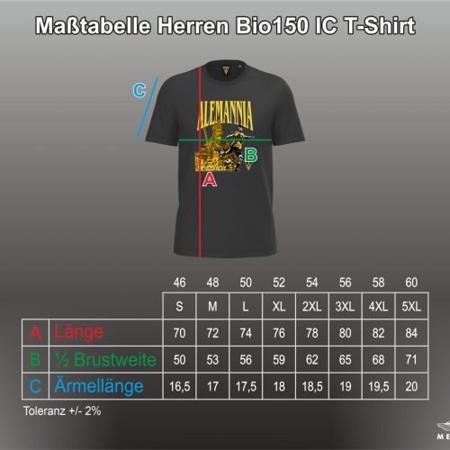 Sizing chart for MaStabelle Herren Bio150 IC T‑Shirt showing three measurements: A Länge (length), B ½ Brustweite (chest width), C Ärmellänge (sleeve length) with cm ranges and +/-2% tolerance; Metzler Athletic logo.