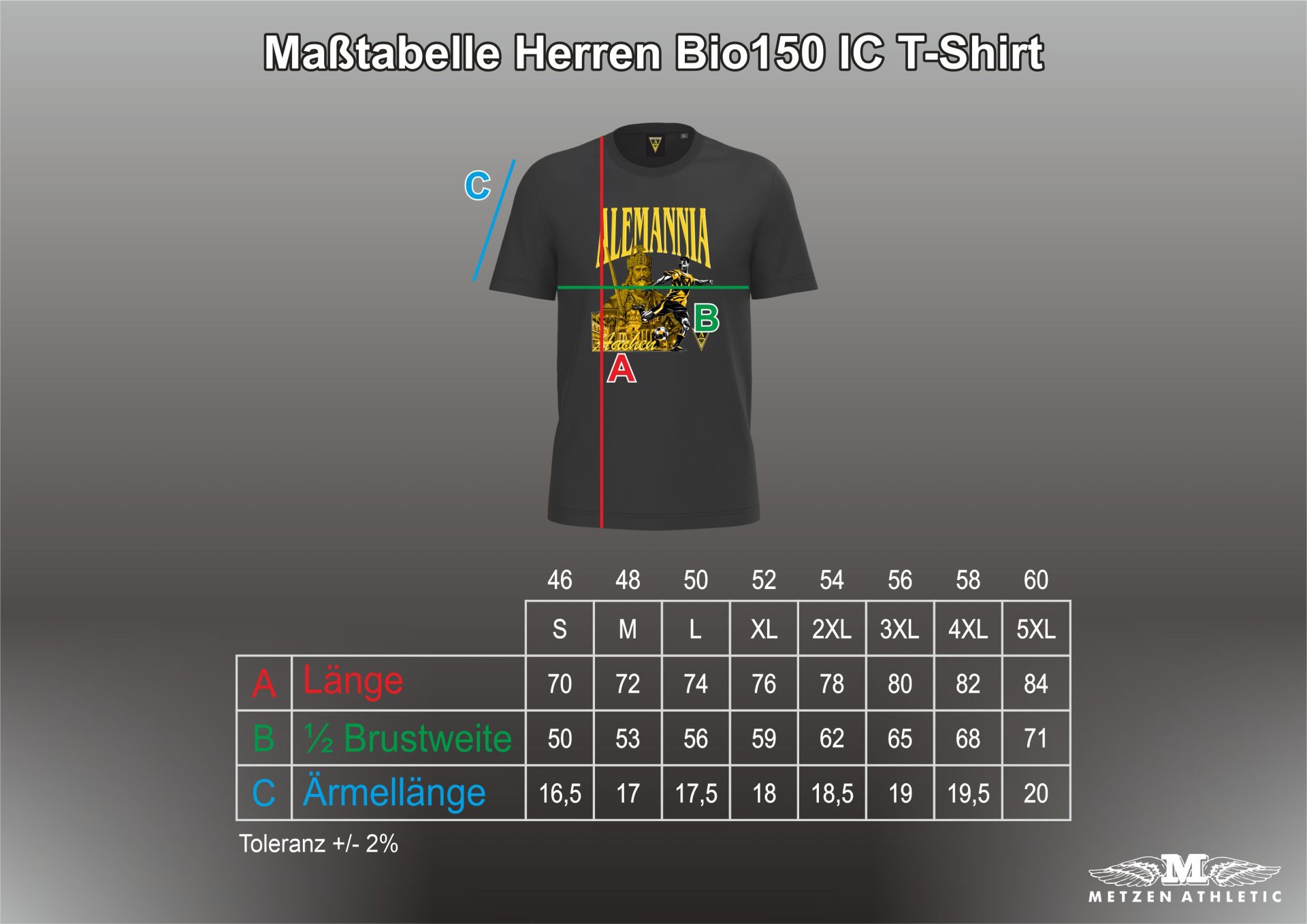 Maßtabelle Herren Bio150 IC T-Shirt - Alemannia Shop Dark gray men's T‑shirt with a yellow graphic; overlay shows A length, B chest, C sleeve length with a size chart below.