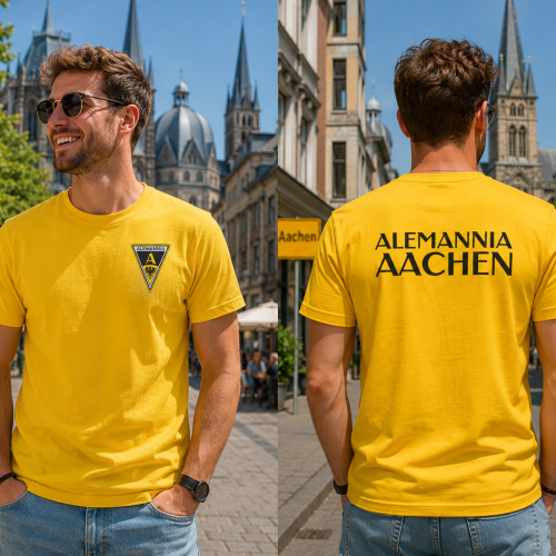 Man in a bright yellow T-shirt with the Alemannia Aachen crest on the chest, standing on a sunny European street.