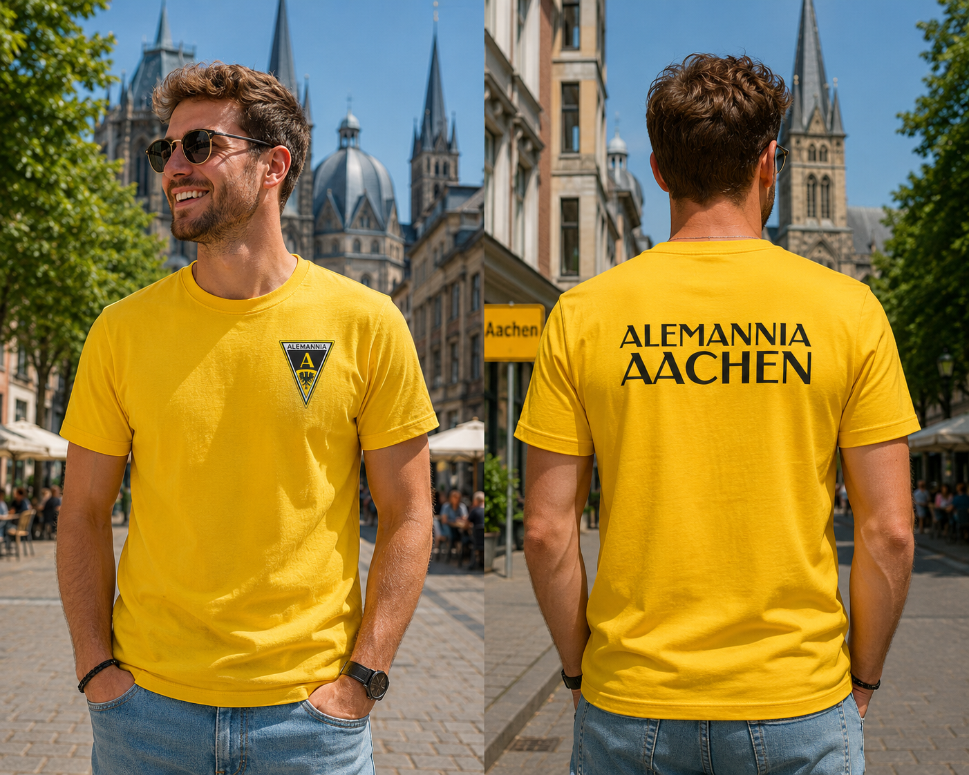 ChatGPT Image 14 Aug 2026 05_09_06 - Alemannia Shop Man in a bright yellow T-shirt with the Alemannia Aachen crest on the chest, standing on a sunny European street.