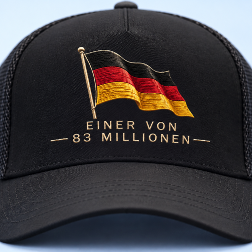 Black baseball cap with an embroidered German flag and the text “Einer von 83 Millionen” on the front.